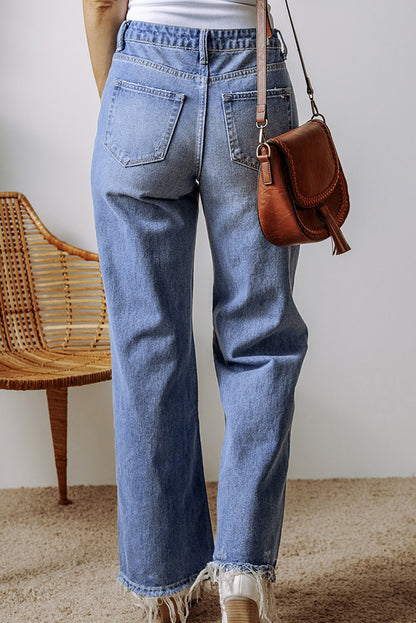 Distressed Raw Hem Straight Leg High Waist Jeans | Ashleigh Blue