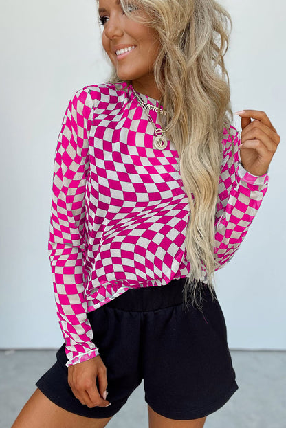 Checkered Pattern Mesh Mock Neck Long Sleeve Top | Rose