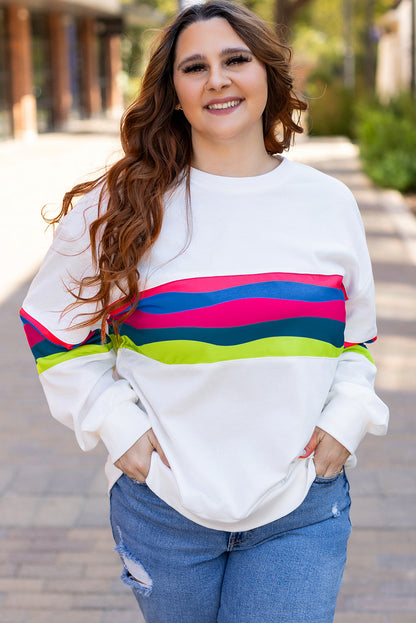 Plus Size Colourful Striped Drop Shoulder Loose Sweatshirt | White