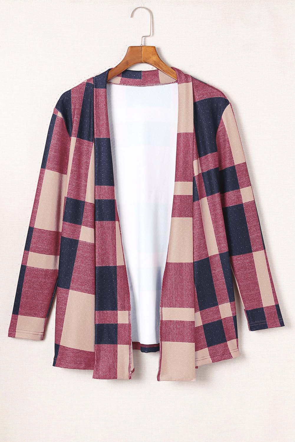 Draped Open Front Plaid Cardigan | Red