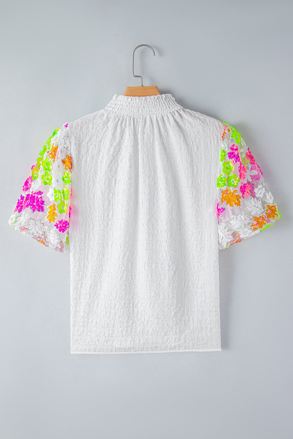 Smocked Collar Sequin Flower Puff Sleeve Textured Top | White