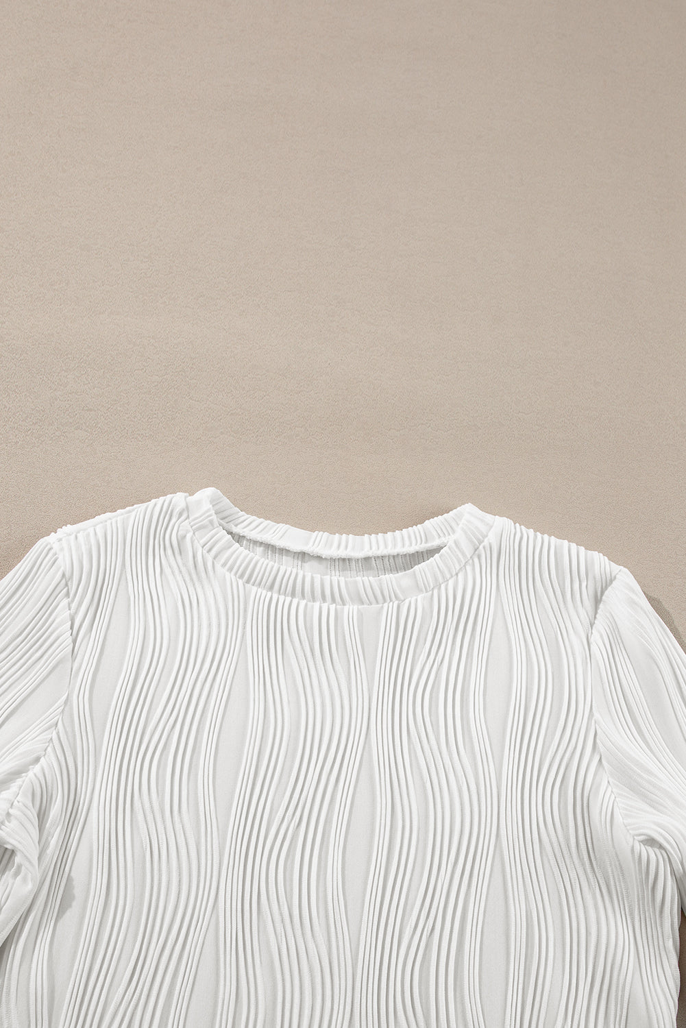 Textured Wavy Round Neck Long Sleeve Top | White