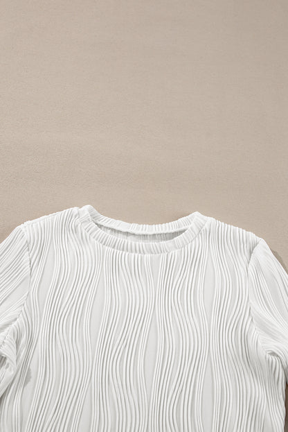 Textured Wavy Round Neck Long Sleeve Top | White