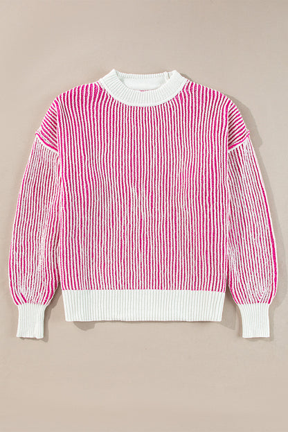 Striped Textured Knit Contrast Edge Loose Sweater | Bright Pink