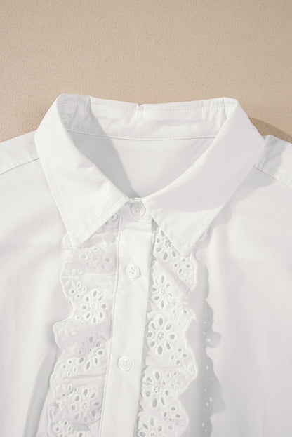 Lace Crochet Trim Turn Down Collar Buttoned Shirt | White