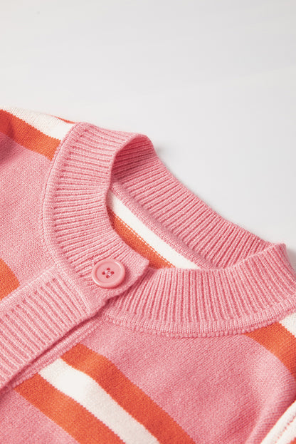 Drop Shoulder Buttons Cardigan Sweater | Pink Stripe