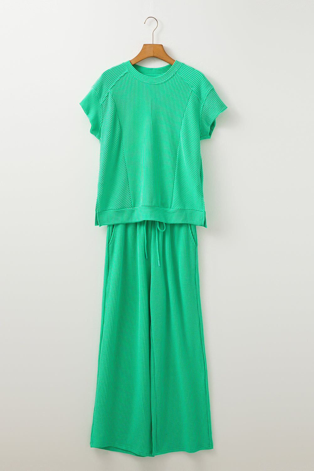 Solid Corded Knit Short Sleeve T Shirt And Wide Leg Pants Set | Bright Green