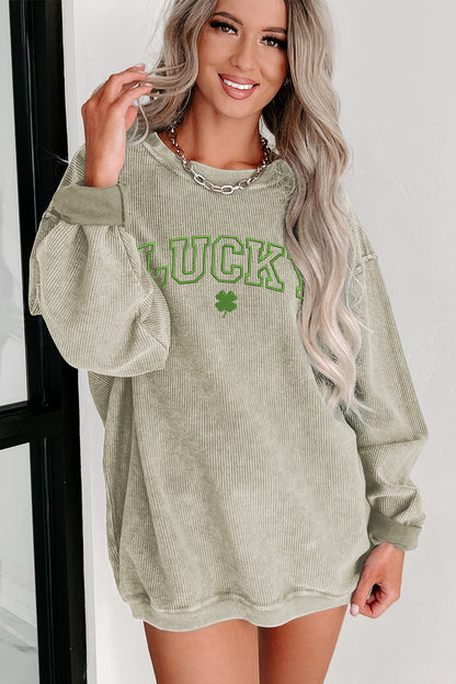 Lucky Clover Embroidered Corded Crewneck Sweatshirt | Green