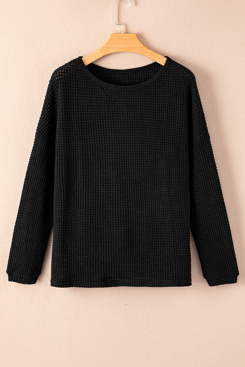 Waffle Knit Drop Shoulder Long Sleeve Top | Black