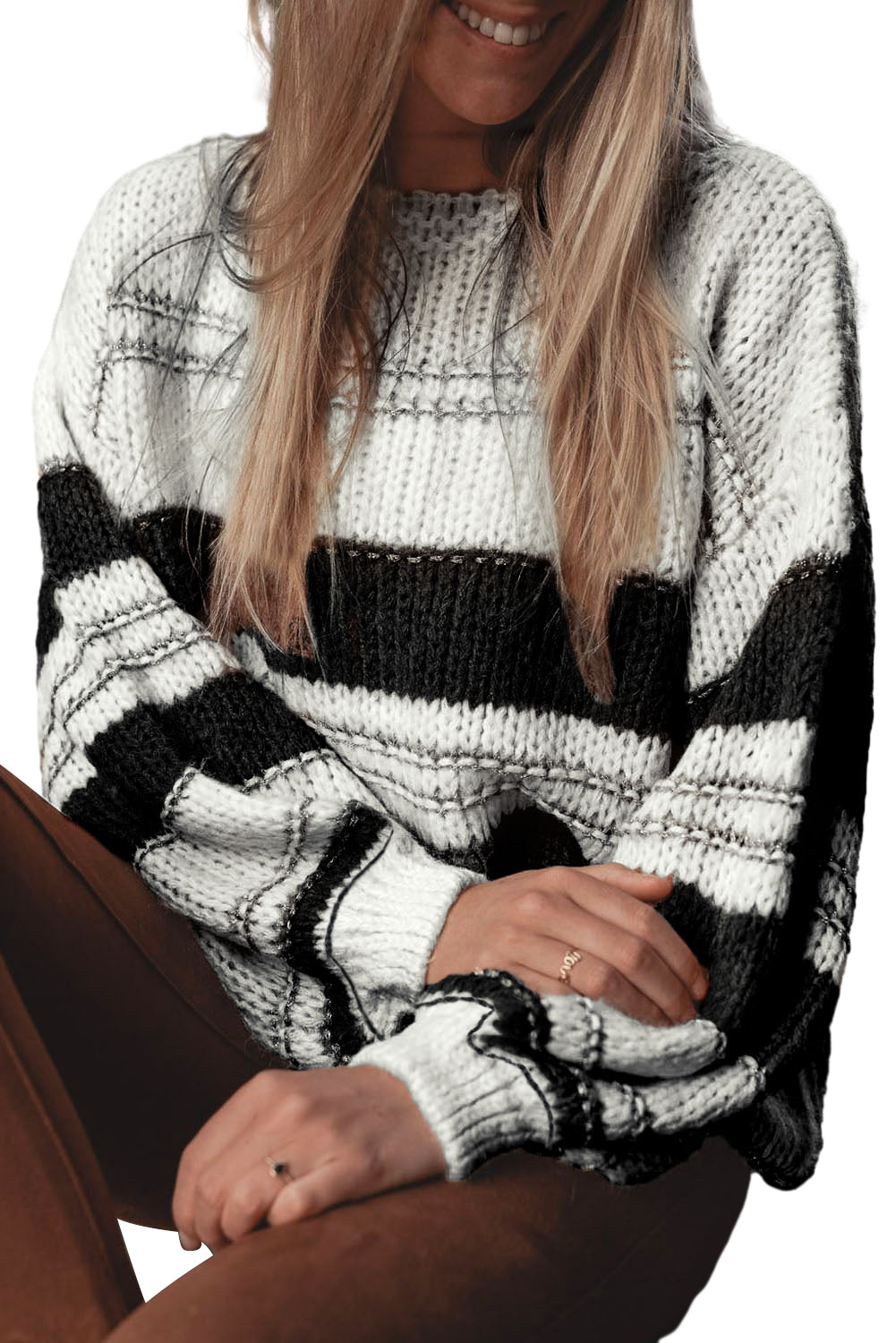 Striped Knit Puff Sleeve Casual Sweater | Black Stripe