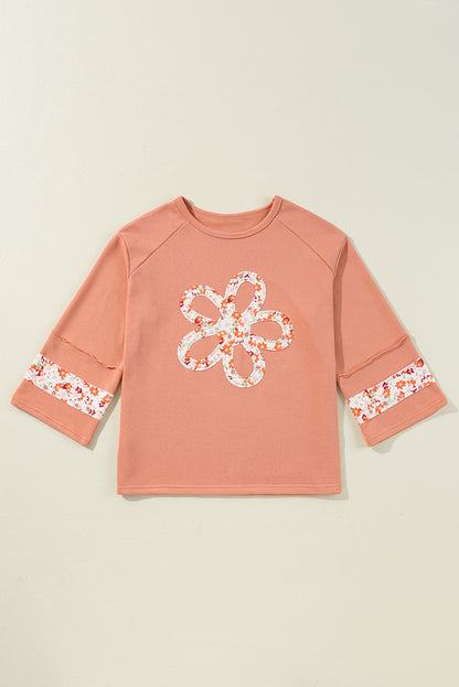 Flower Patch Graphic Exposed Seam Wide Sleeve Top | Grapefruit Orange