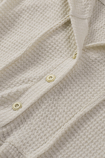 Waffle Knit Buttons Ruffled Hooded Top | Apricot