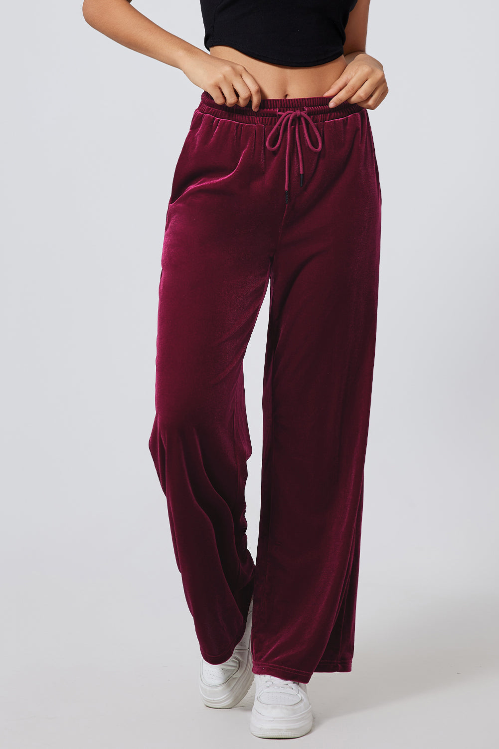 Solid Drawstring Waist Wide Leg Pants | Burgundy