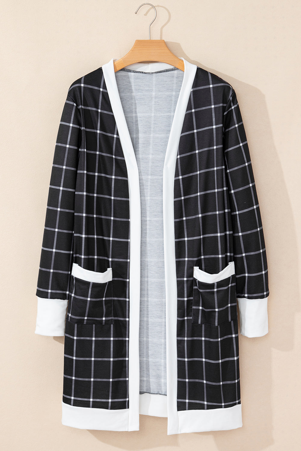 Plaid Colourblock Edge Open Cardigan With Pocket | Black