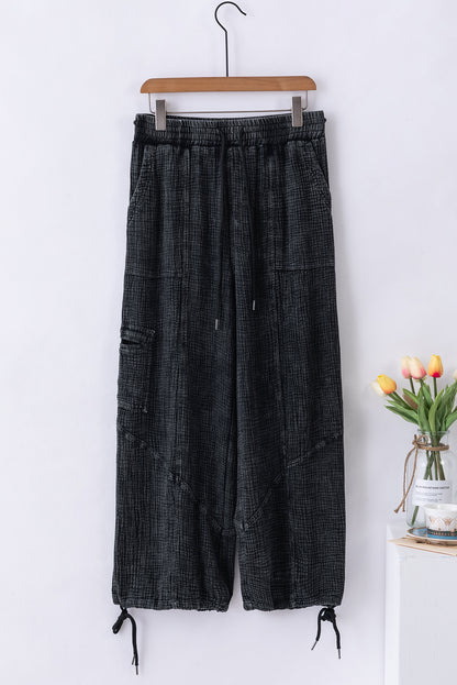 Mineral Wash Textured Drawstring Wide Leg Pants | Black