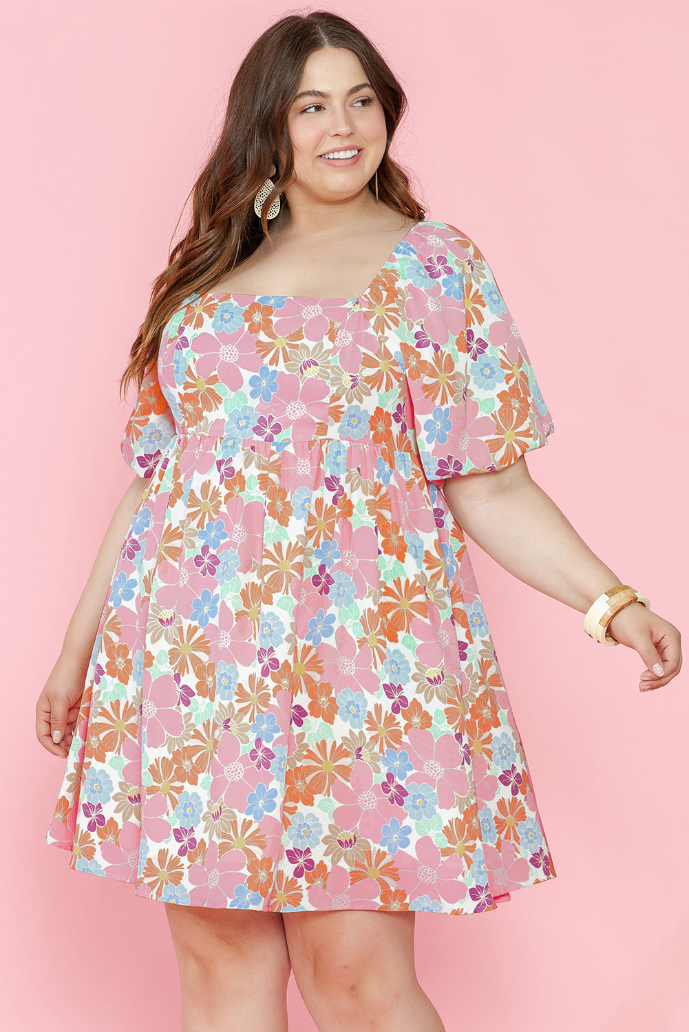 Floral Puff Sleeve Square Neck Plus Babydoll Dress | Multicolour