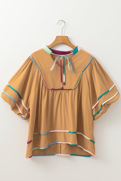 Colourful Trim Wide Short Sleeve V Neck Blouse | Thai Curry