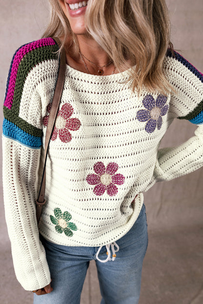 Daisy Flower Pointelle Knit Sweater | White