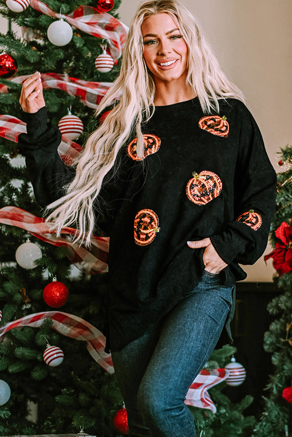 Sequined Jack O Lantern Split Hem Baggy Sweatshirt | Black