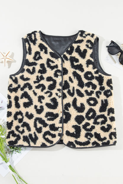 Leopard Print Sherpa Vest Coat | Black