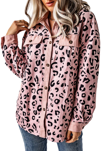 Collared Neckline Flap Pockets Leopard Corduroy Jacket | Pink