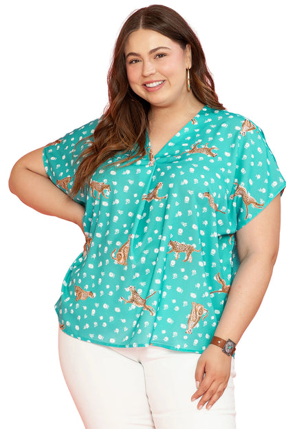 Cheetah Print V Neck Short Sleeve Plus Top | Green