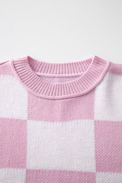 Checkered Bishop Sleeve Sweater | Pink