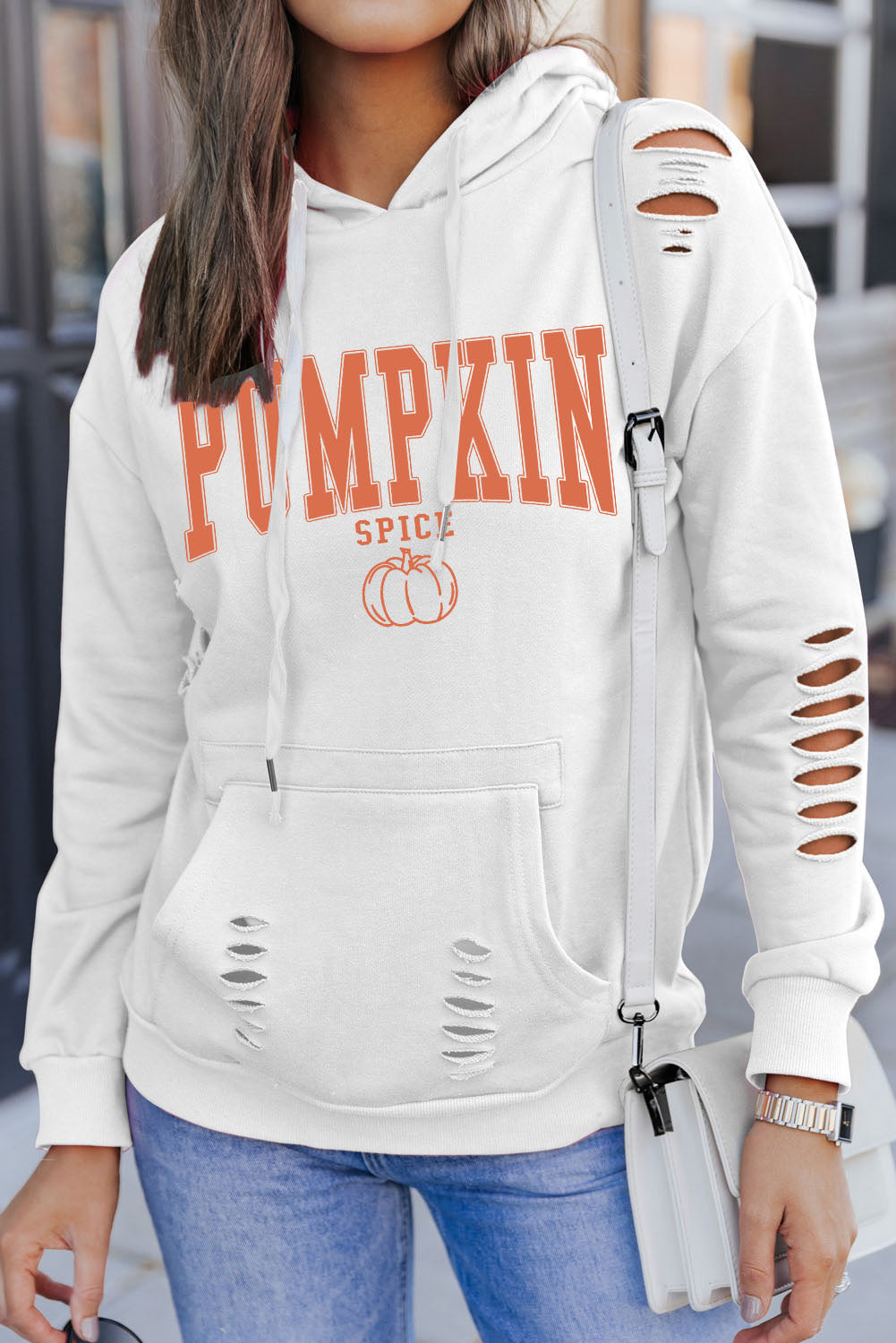 Pumpkin Spice Distressed Hoodie | White