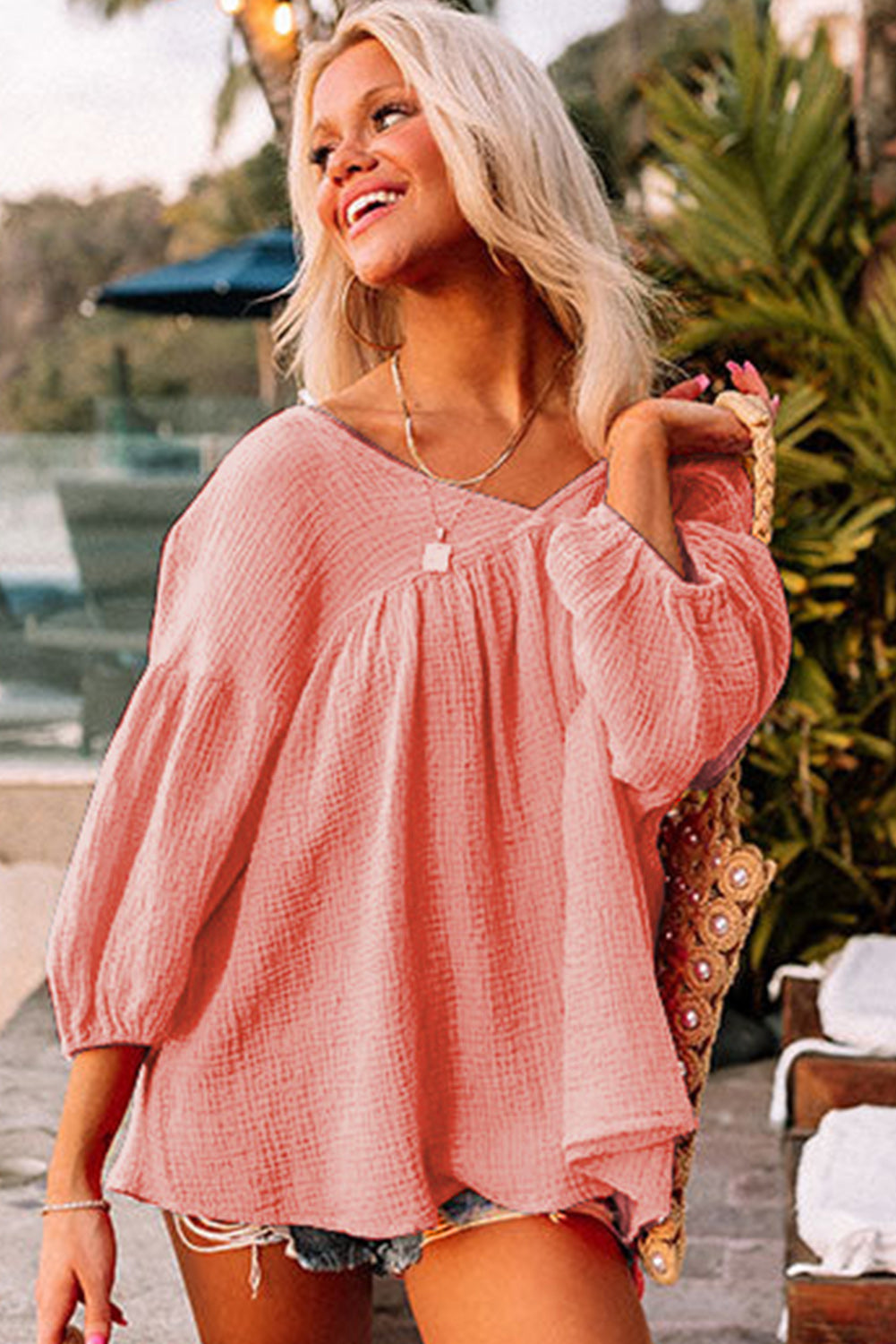 Textured V Neck Bracelet Sleeve Babydoll Blouse | Pink