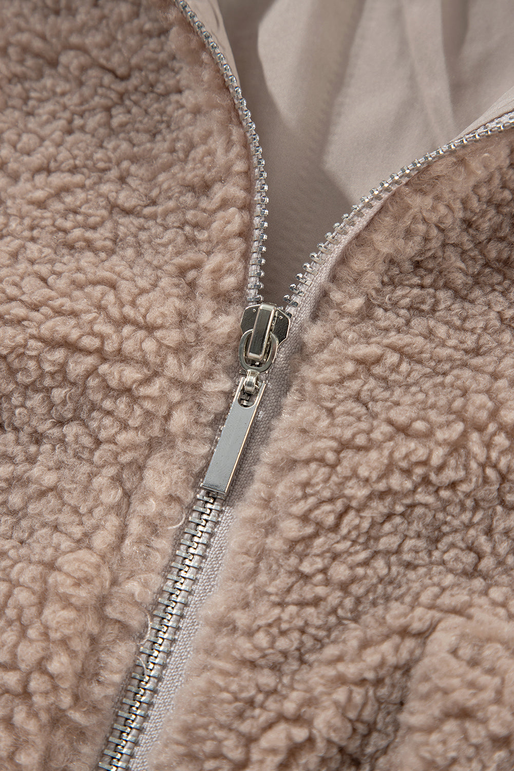 Zipper Pocketed Winter Fuzzy Jacket | Light French Beige