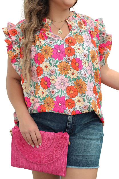 Plus Floral Notched Neck Ruffle Sleeve Blouse | Multicolour