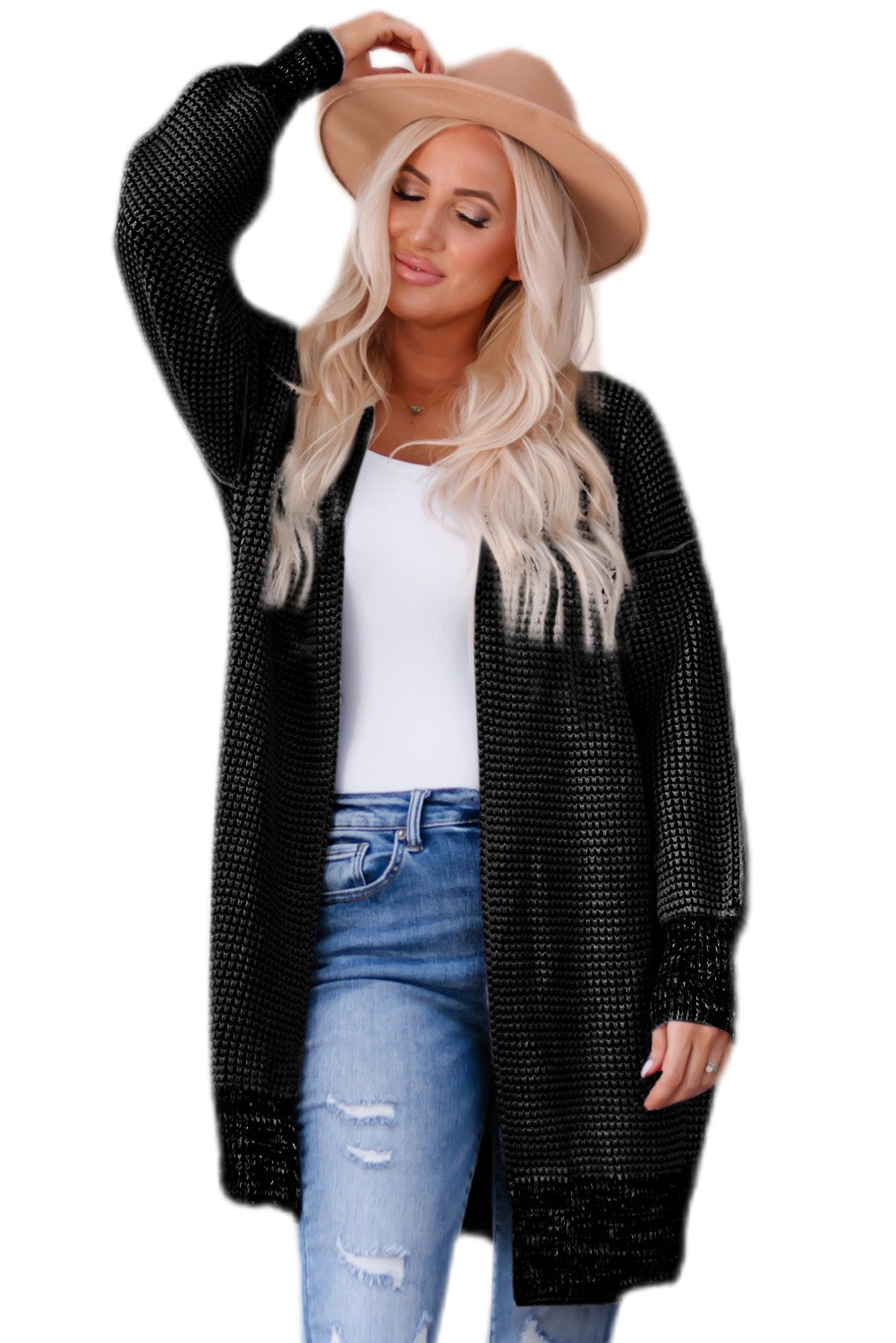 Plaid Knitted Long Open Front Cardigan | Black