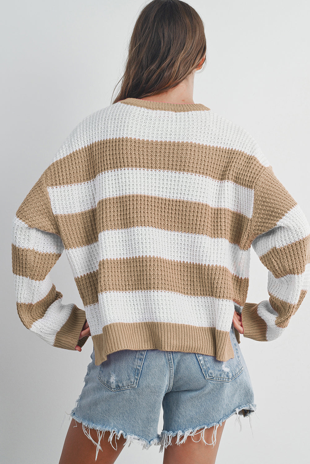 Colourblock Striped Drop Shoulder Side Slit Sweater | Light French Beige