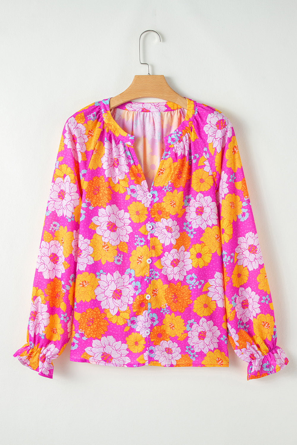 Floral Print Flounce Sleeve Notched Neck Blouse | Rose