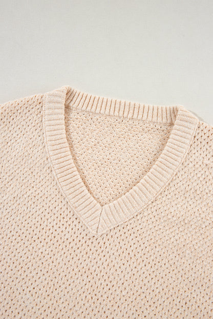 Loose Eyelet V Neck Drop Shoulder Sweater | Parchment