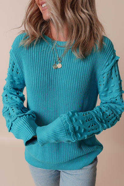 Ruffled Eyelet Bubble Sleeve Sweater | Turquoise