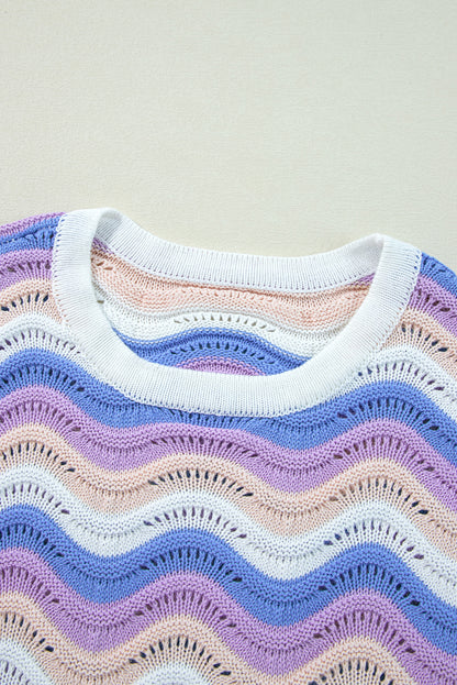 Wavy Pointelle Knit Drop Shoulder Sweater | Purple Stripe