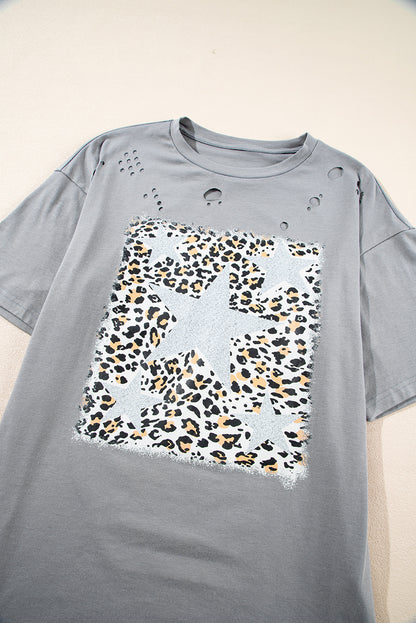 Stars Leopard Graphic Distressed Tee | Medium Grey