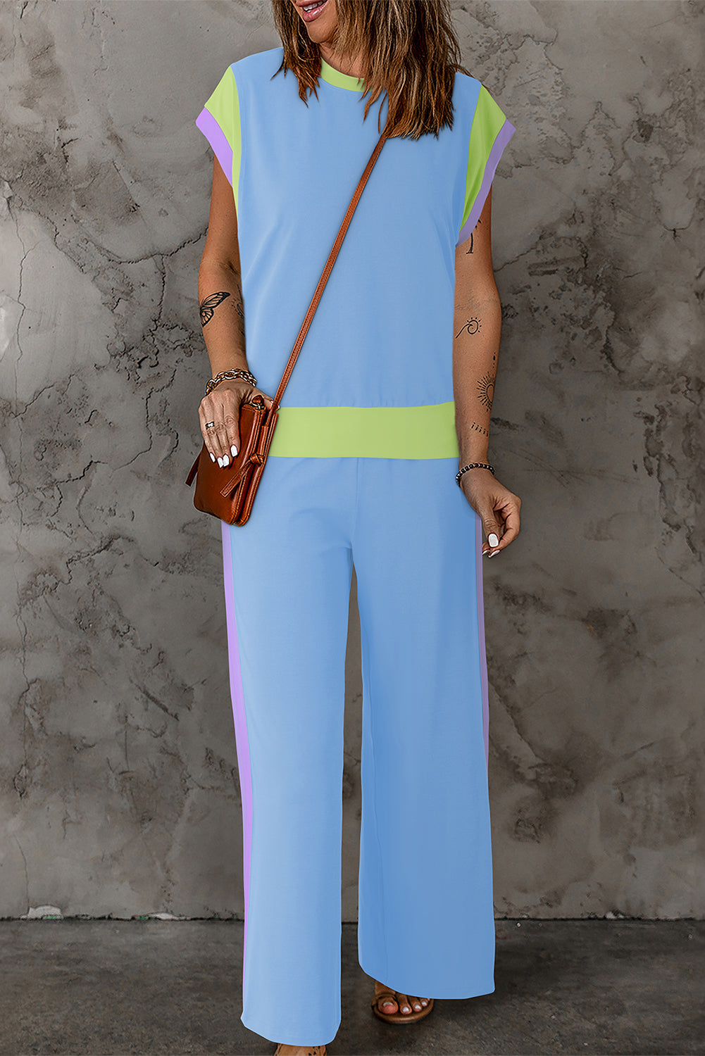 Colour Block Detail Casual Two-Piece Outfit | Sky Blue