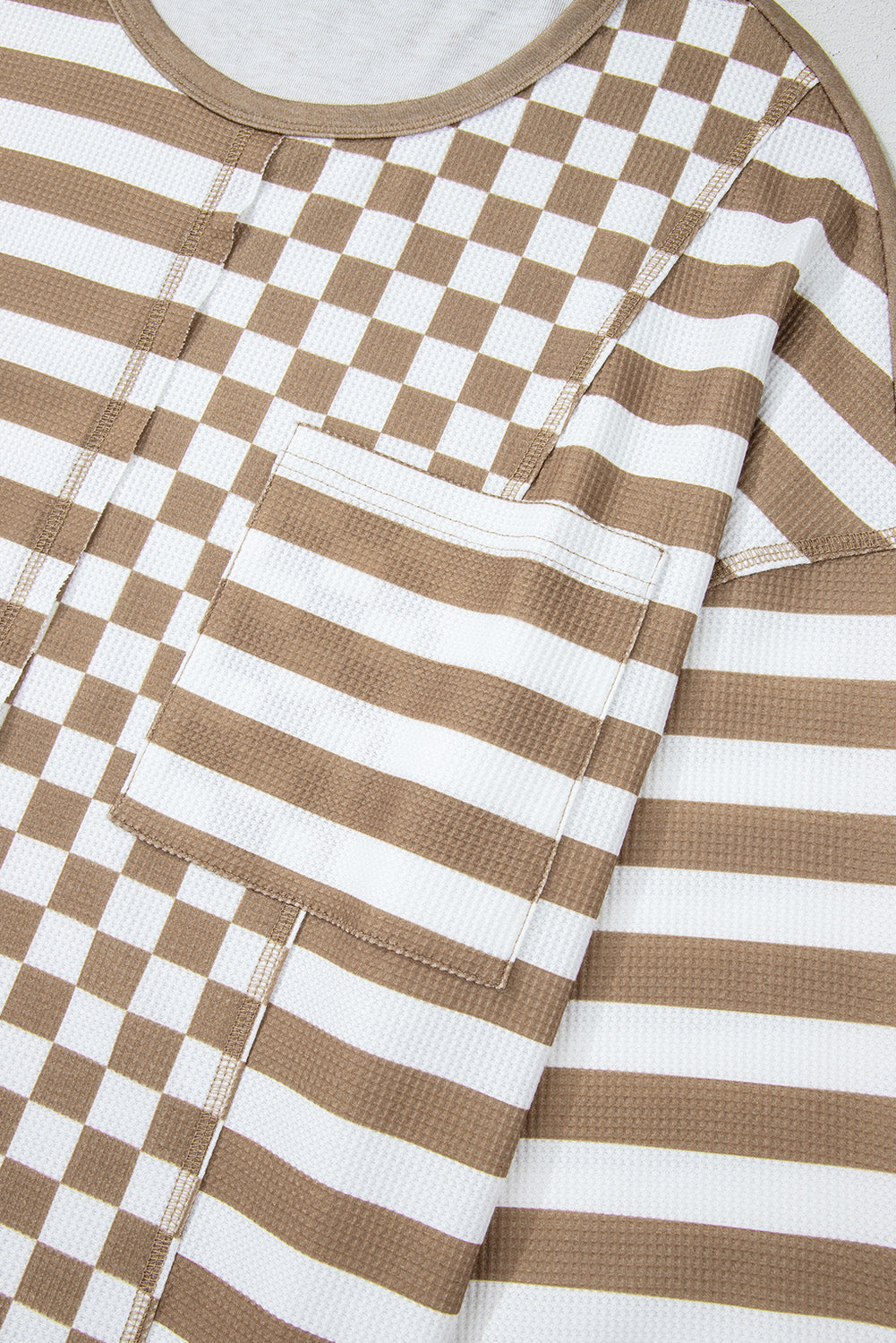 Checkerboard Striped Patchwork Lantern Sleeve Pocketed Blouse | Khaki