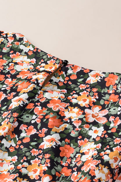 Ruffle Trim Shirred Cuffs Floral Blouse | Orange