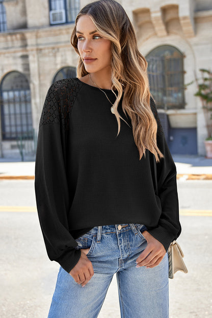 Lace Long Sleeve Textured Pullover | Black