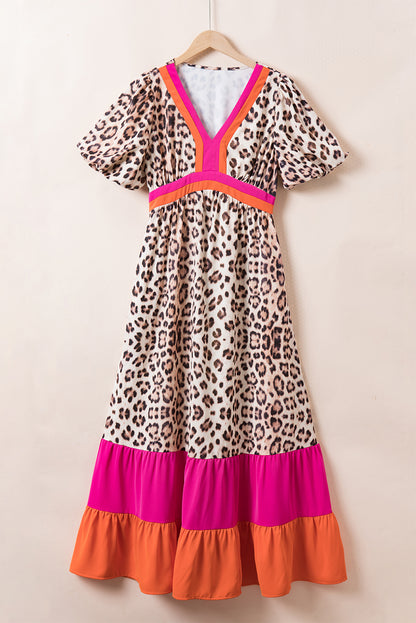 Leopard Colourblock Patchwork Bubble Sleeve Maxi Dress | Bright Pink