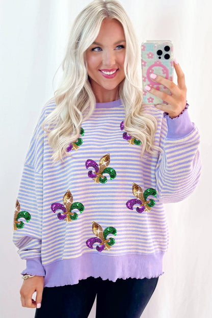 Sequin Fleur De Lis Patched Pattern Long Sleeve Top | Purple Stripe