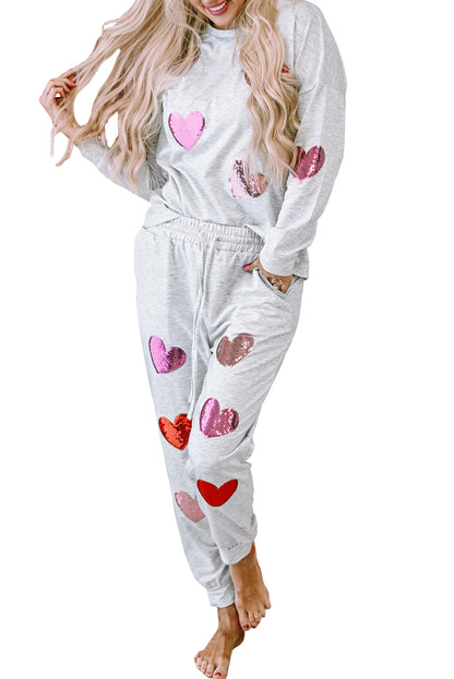 Sequin Valentine Heart Pattern Pullover Jogger Pants Set | Gray