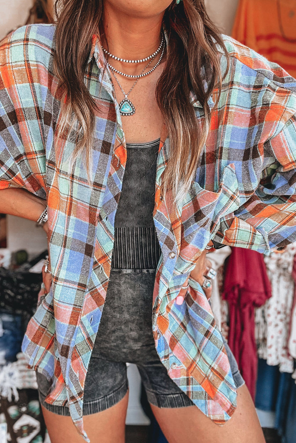 Plaid Print Loose Vintage Shirt | Orange