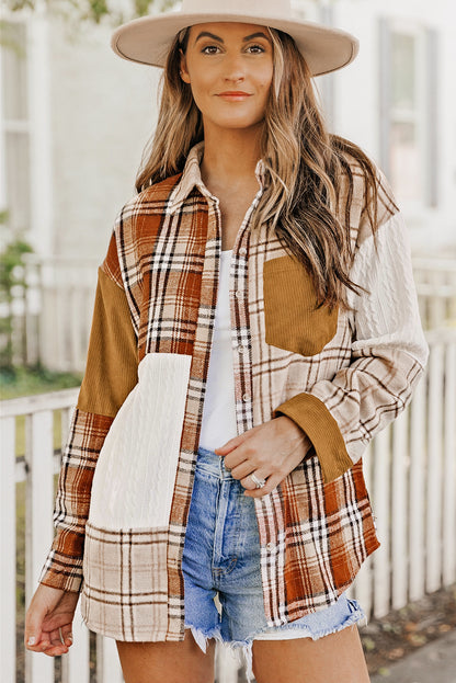 Plaid Colour Block Patchwork Shirt Jacket With Pocket | Orange