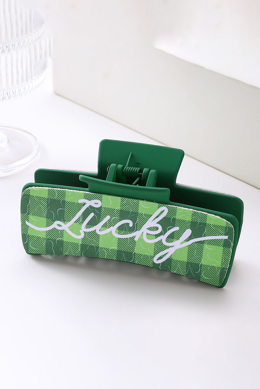 St. Patricks Plaid Lucky Pattern Claw Clip | Dark Green