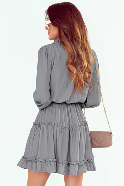 V Neck Long Sleeve Ruffle Tiered Mini Dress | Gray