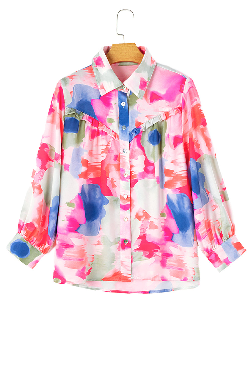 Abstract Printed Lantern Sleeve Frilled Button Front Collared Shirt | Multicolour